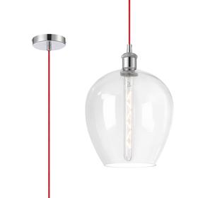 DK1104  Cawdor Single Pendant, 1 Light E27, Polished Chrome/Red/Clear Wine Glass